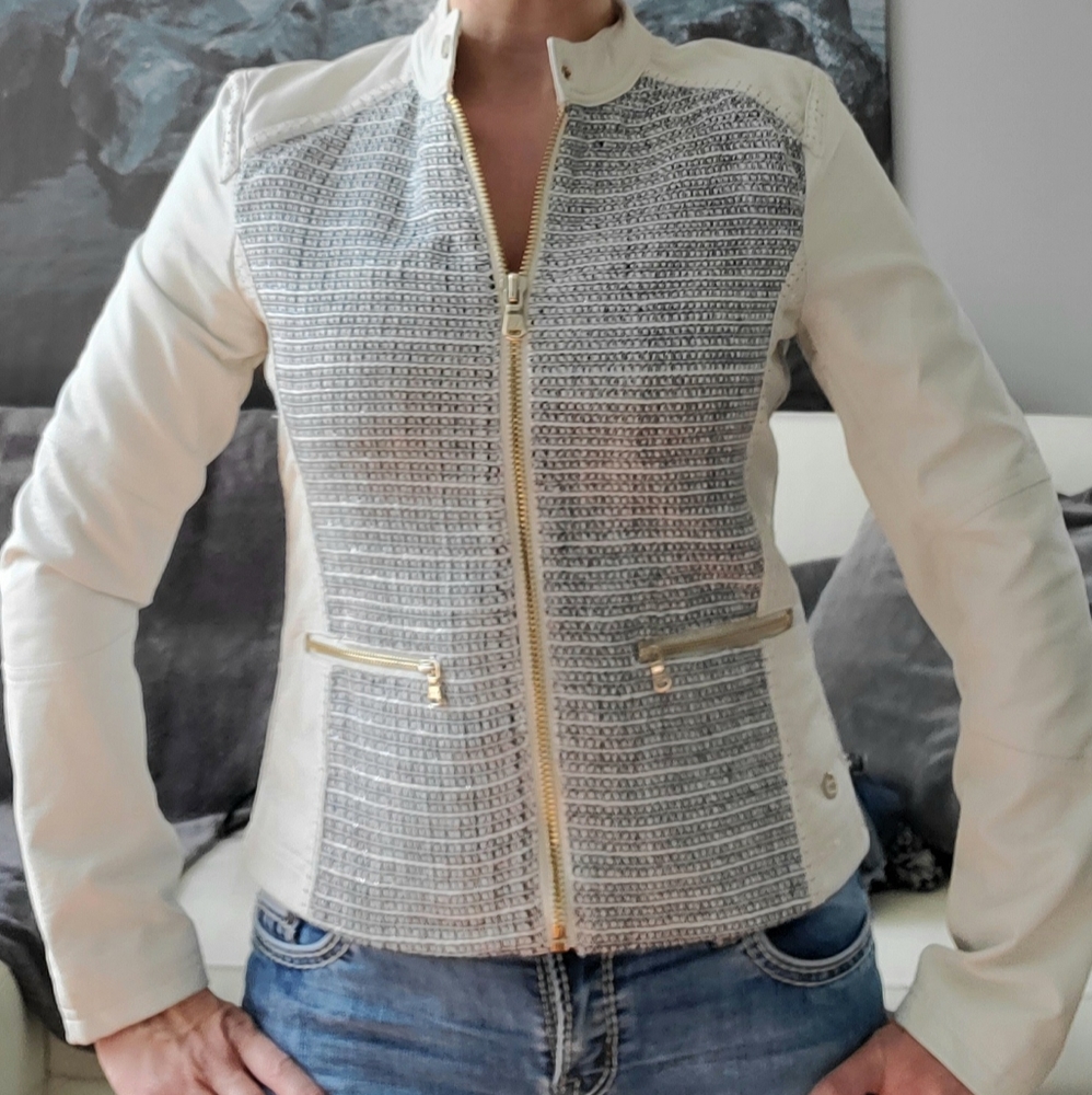Point Zero white faux-leather jacket w/ wool